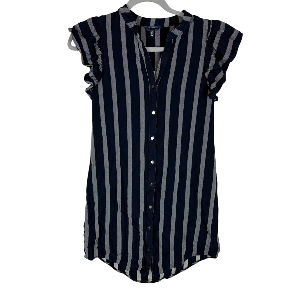Lucky Brand‎ Shirt Dress Womens XS Gray Blue Striped Cap Sleeve Button-Front